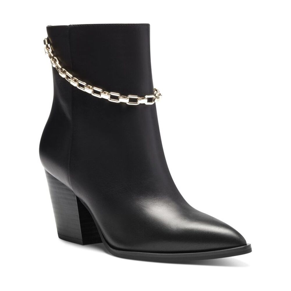 INC Womens Black Chain Saphira Pointed Toe Block Heel Leather Booties 5 M